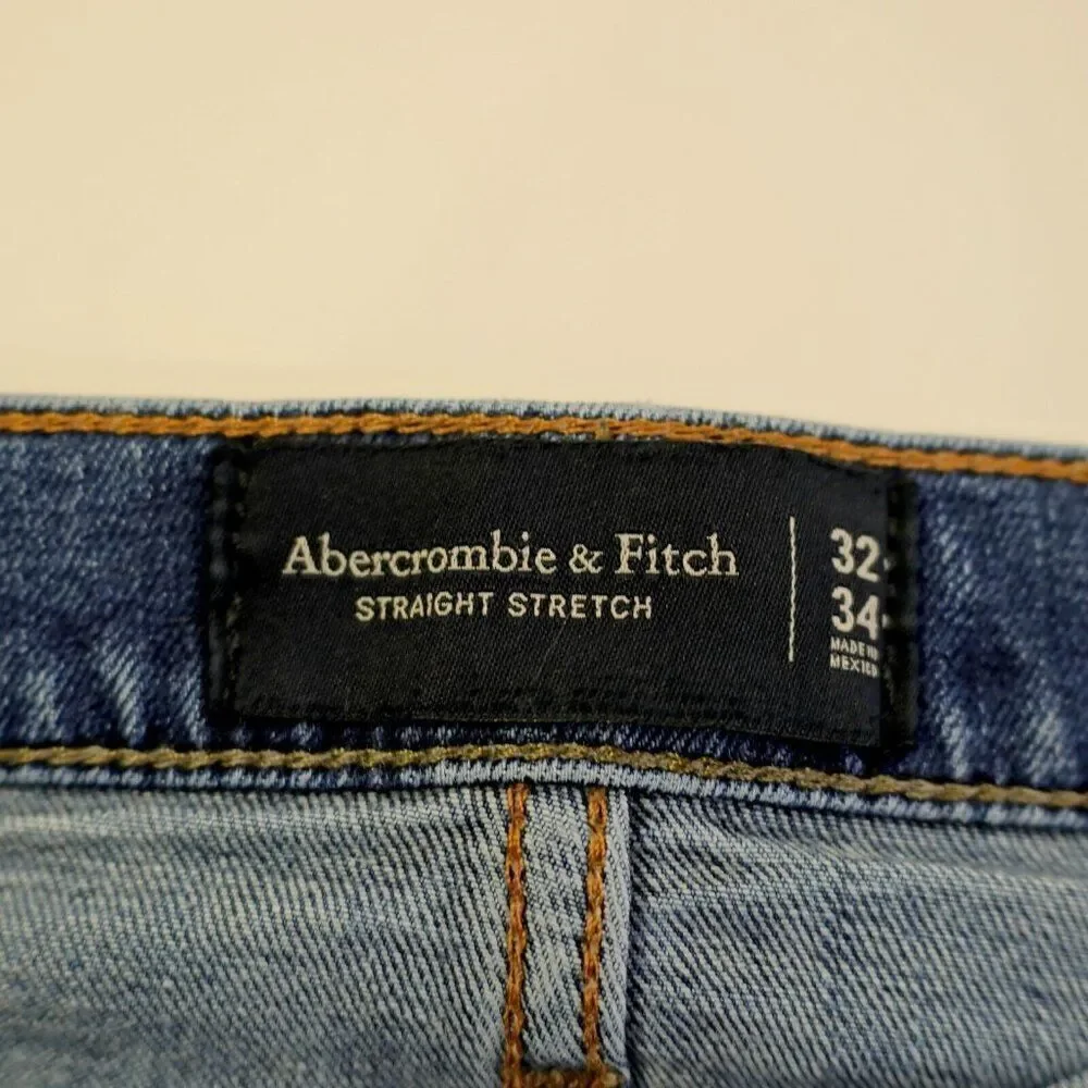 Abercrombie & Fitch Straight Stretch Blue Wiskering Denim Jeans Mid Rise 32/33 T